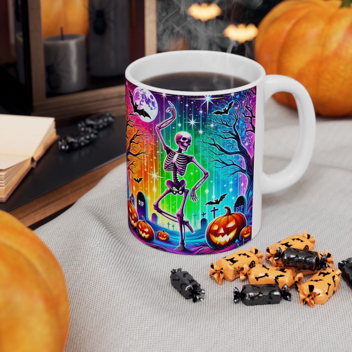 Taza neon halloween esqueleto