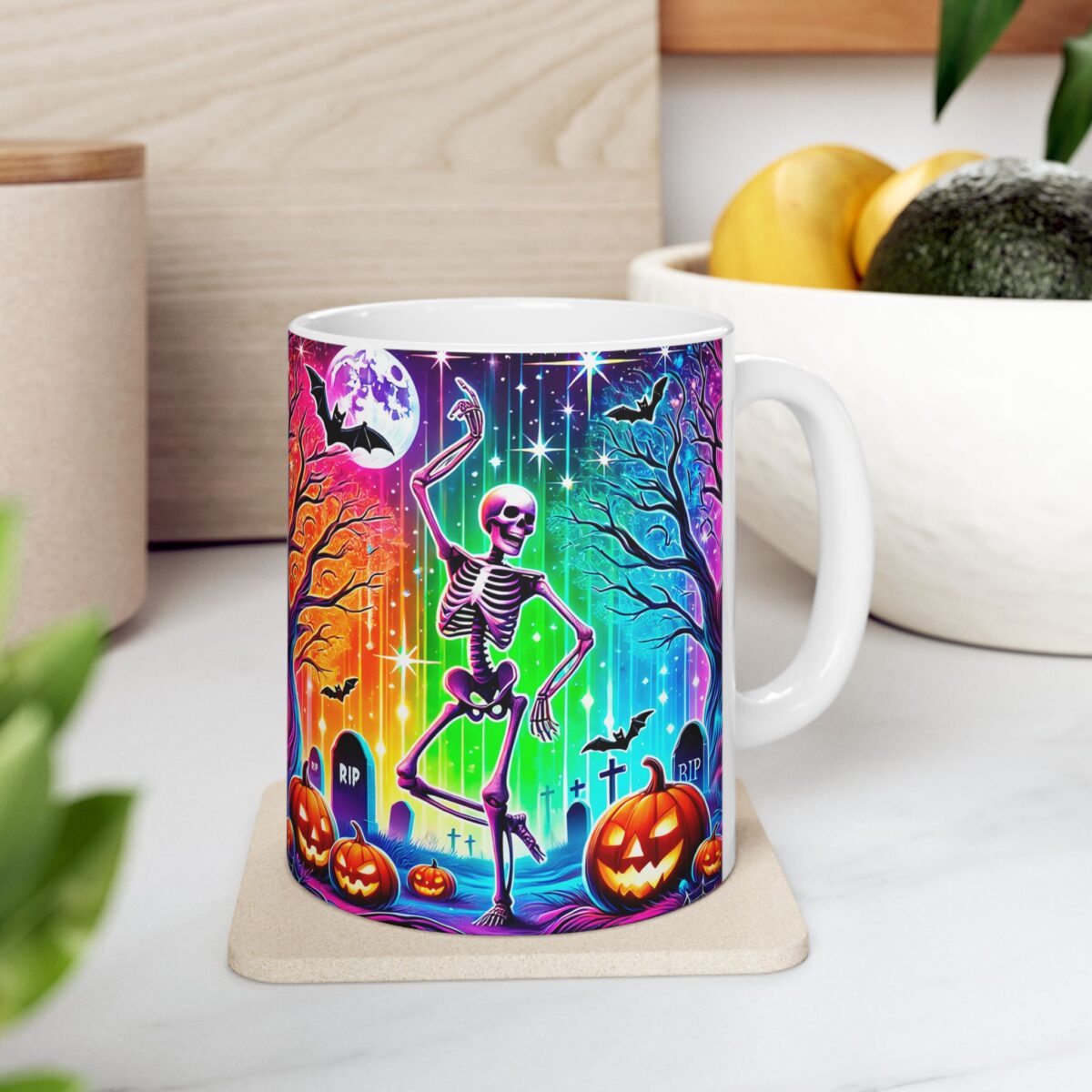 Taza neon halloween esqueleto