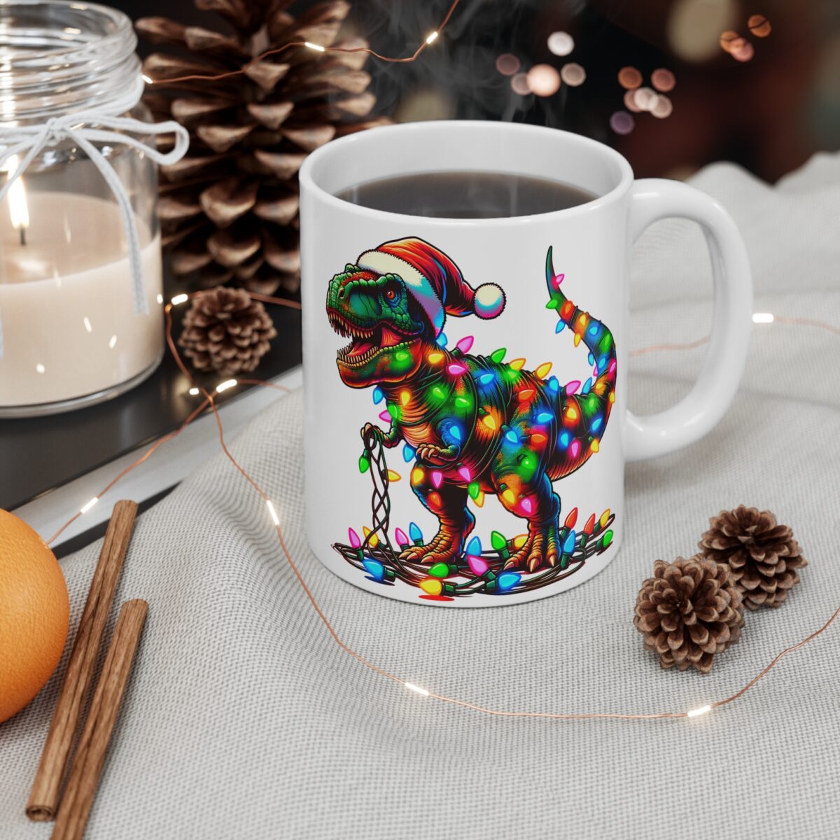 Taza dinosaurio t rex con luces de navidad